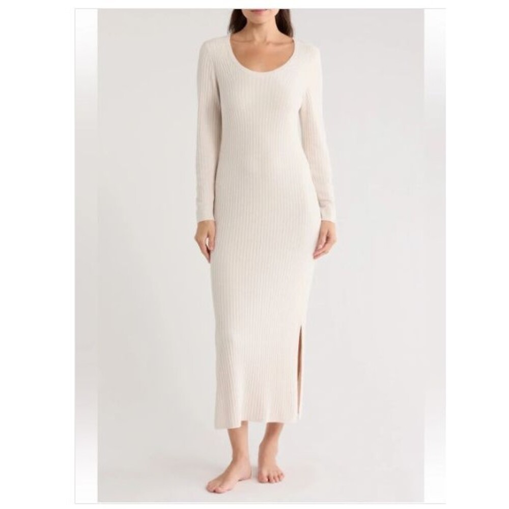 NWT Barefoot Dreams CozyChic Ultra Lite Ribbed Scoop Neck Midi Dress Sand Dune S